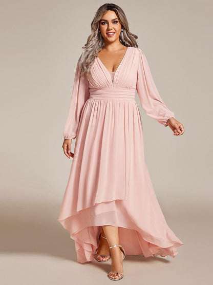 pretty GRIFFIN|Plus Size V-Neck Long Lantern Sleeves A-Line Chiffon Bridesmaid Dress