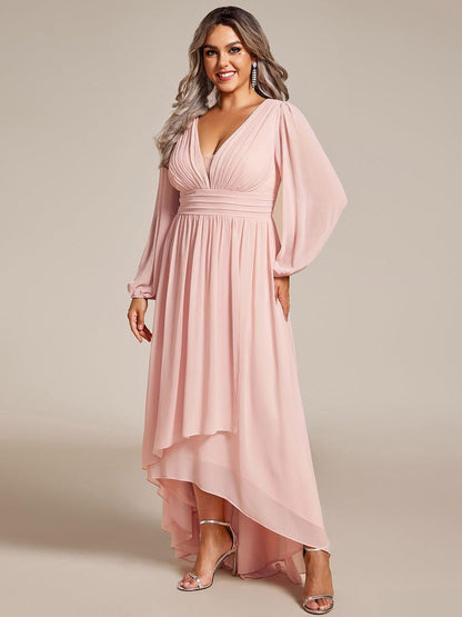 pretty GRIFFIN|Plus Size V-Neck Long Lantern Sleeves A-Line Chiffon Bridesmaid Dress