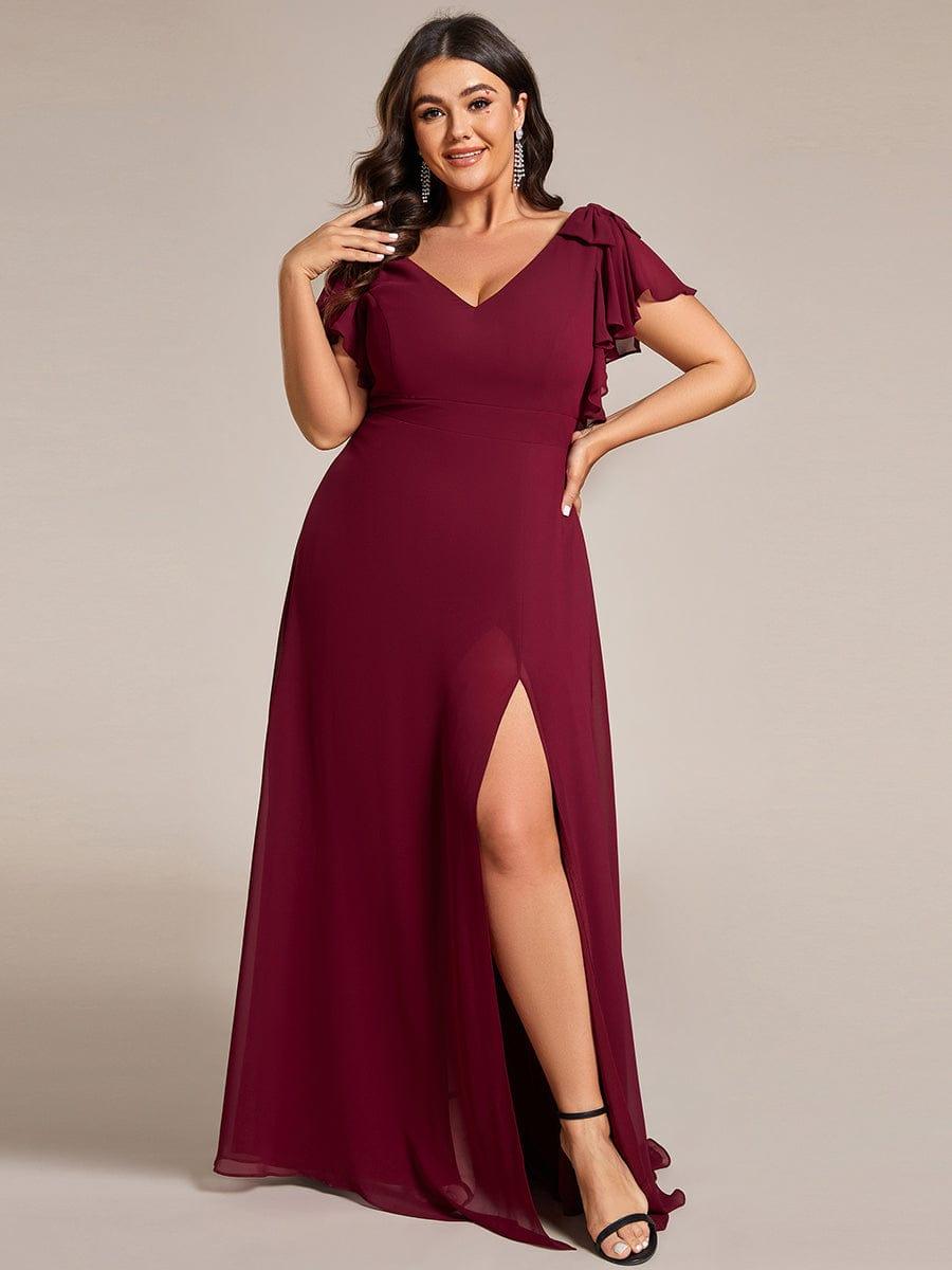 pretty ROSY|Plus Size Split Ruffles Sleeves with Bowknot Double V-neck Chiffon Bridesmaid Dress