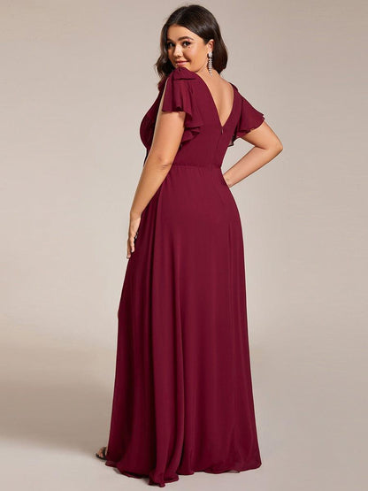 pretty ROSY|Plus Size Split Ruffles Sleeves with Bowknot Double V-neck Chiffon Bridesmaid Dress