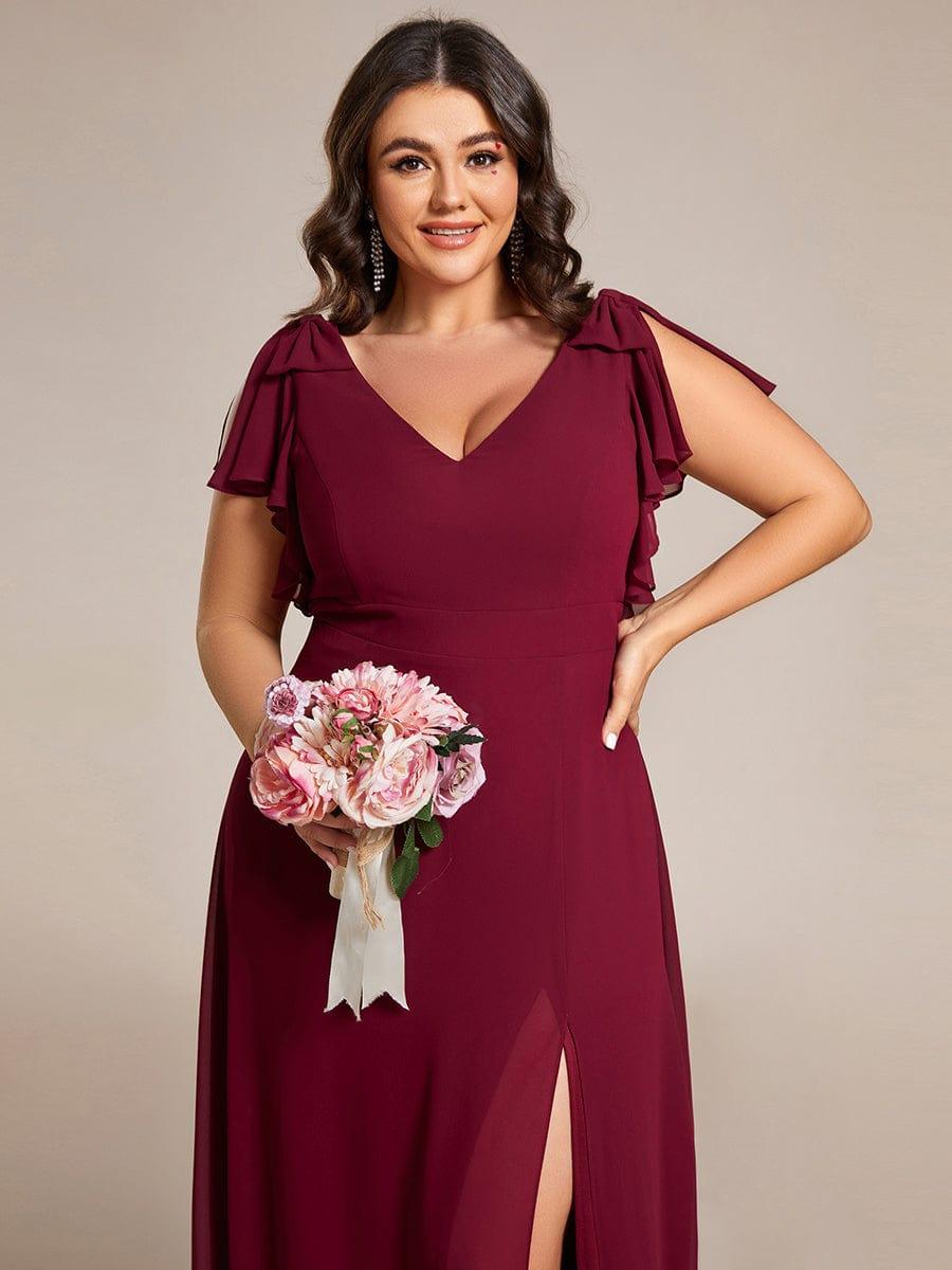 pretty ROSY|Plus Size Split Ruffles Sleeves with Bowknot Double V-neck Chiffon Bridesmaid Dress