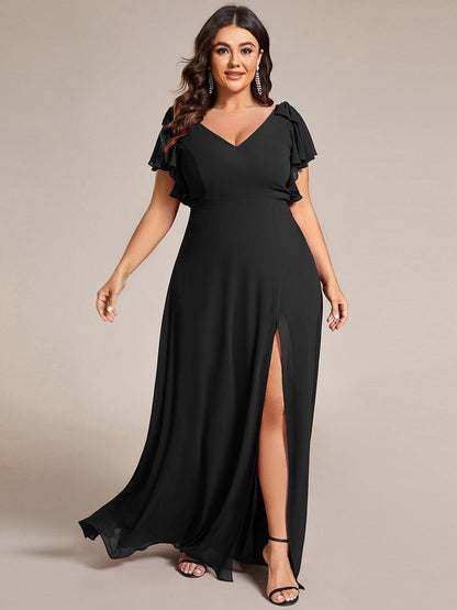 pretty ROSY|Plus Size Split Ruffles Sleeves with Bowknot Double V-neck Chiffon Bridesmaid Dress