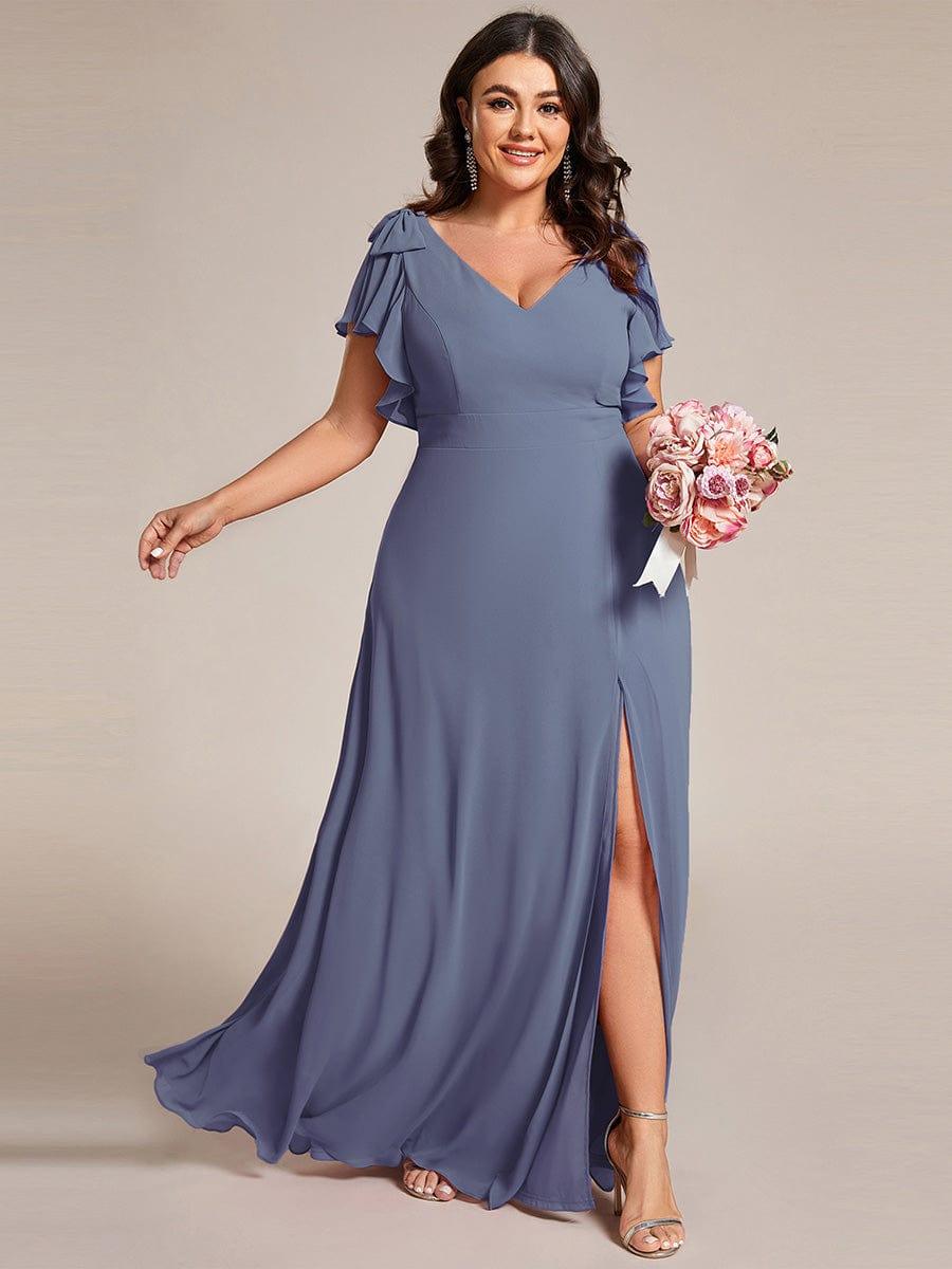 pretty ROSY|Plus Size Split Ruffles Sleeves with Bowknot Double V-neck Chiffon Bridesmaid Dress