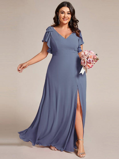 pretty ROSY|Plus Size Split Ruffles Sleeves with Bowknot Double V-neck Chiffon Bridesmaid Dress
