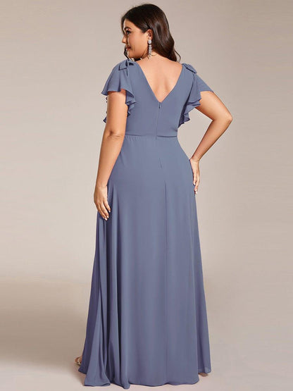 pretty ROSY|Plus Size Split Ruffles Sleeves with Bowknot Double V-neck Chiffon Bridesmaid Dress
