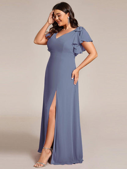 pretty ROSY|Plus Size Split Ruffles Sleeves with Bowknot Double V-neck Chiffon Bridesmaid Dress