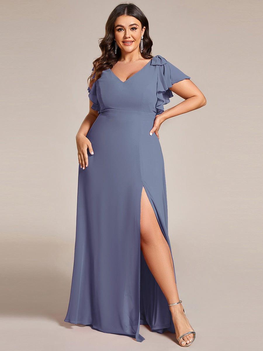 pretty ROSY|Plus Size Split Ruffles Sleeves with Bowknot Double V-neck Chiffon Bridesmaid Dress