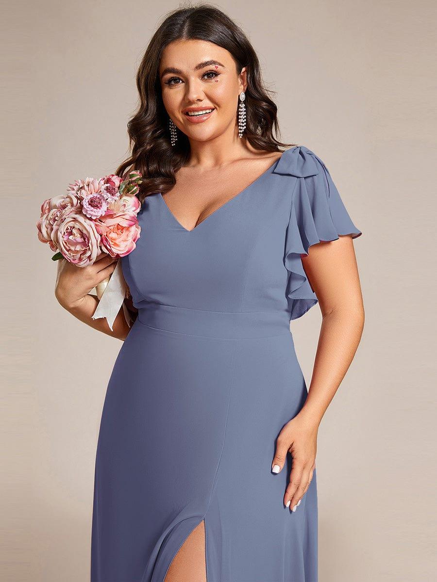 pretty ROSY|Plus Size Split Ruffles Sleeves with Bowknot Double V-neck Chiffon Bridesmaid Dress