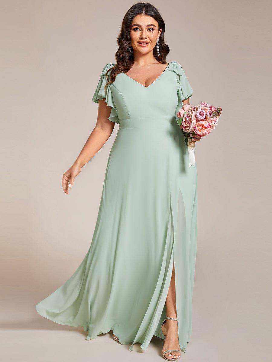pretty ROSY|Plus Size Split Ruffles Sleeves with Bowknot Double V-neck Chiffon Bridesmaid Dress