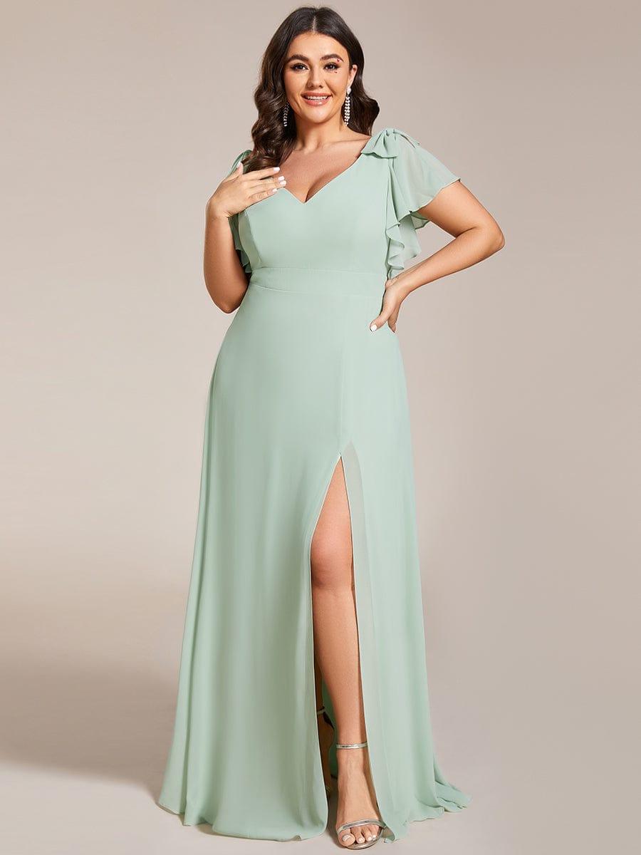 pretty ROSY|Plus Size Split Ruffles Sleeves with Bowknot Double V-neck Chiffon Bridesmaid Dress