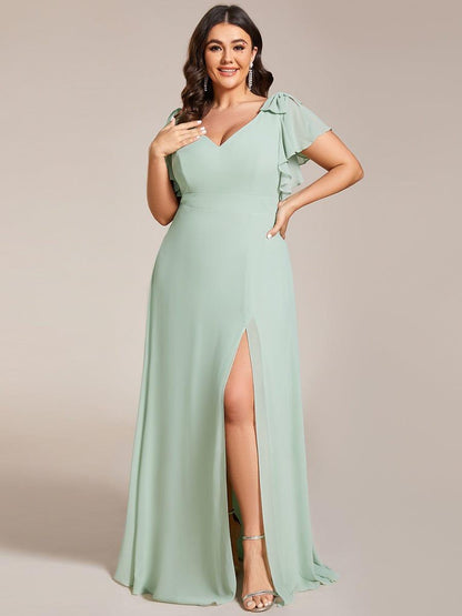 pretty ROSY|Plus Size Split Ruffles Sleeves with Bowknot Double V-neck Chiffon Bridesmaid Dress