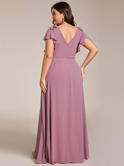 pretty ROSY|Plus Size Split Ruffles Sleeves with Bowknot Double V-neck Chiffon Bridesmaid Dress