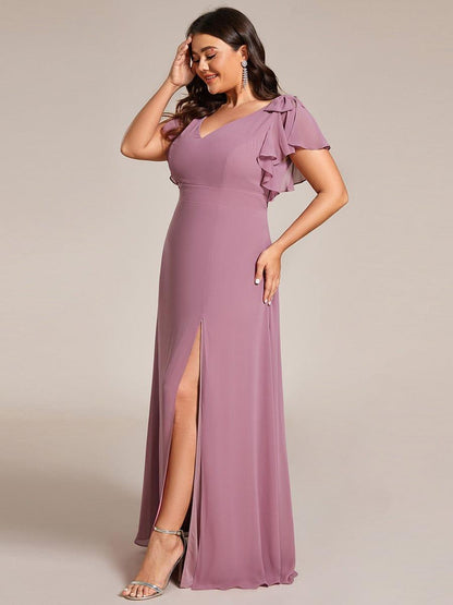 pretty ROSY|Plus Size Split Ruffles Sleeves with Bowknot Double V-neck Chiffon Bridesmaid Dress