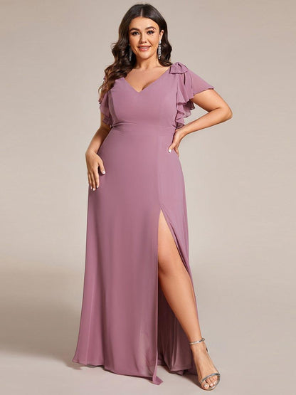 pretty ROSY|Plus Size Split Ruffles Sleeves with Bowknot Double V-neck Chiffon Bridesmaid Dress