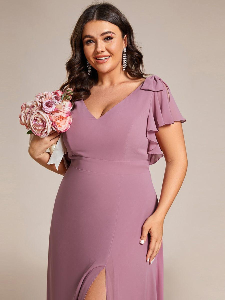 pretty ROSY|Plus Size Split Ruffles Sleeves with Bowknot Double V-neck Chiffon Bridesmaid Dress