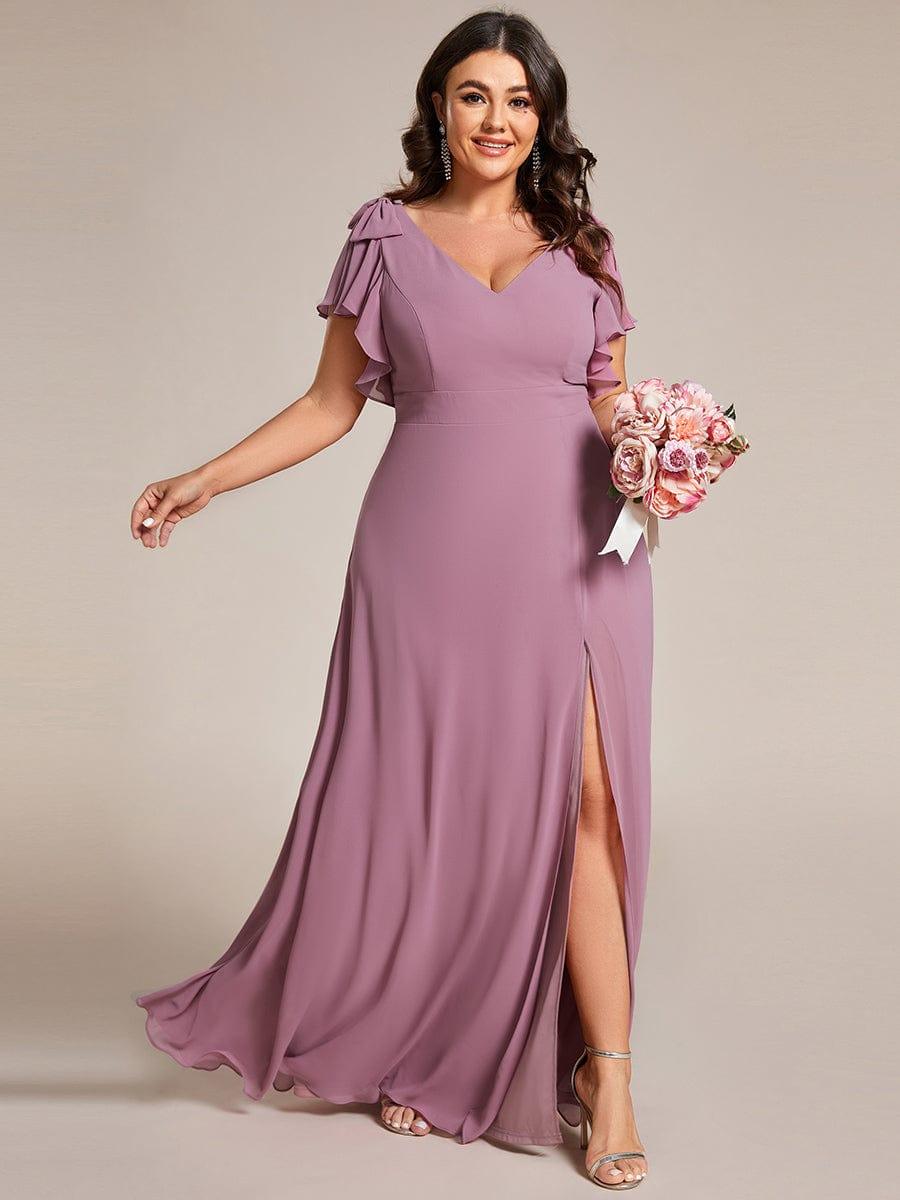 pretty ROSY|Plus Size Split Ruffles Sleeves with Bowknot Double V-neck Chiffon Bridesmaid Dress