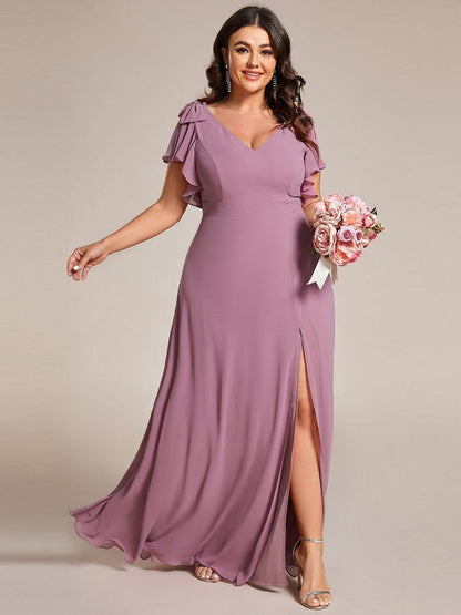 pretty ROSY|Plus Size Split Ruffles Sleeves with Bowknot Double V-neck Chiffon Bridesmaid Dress