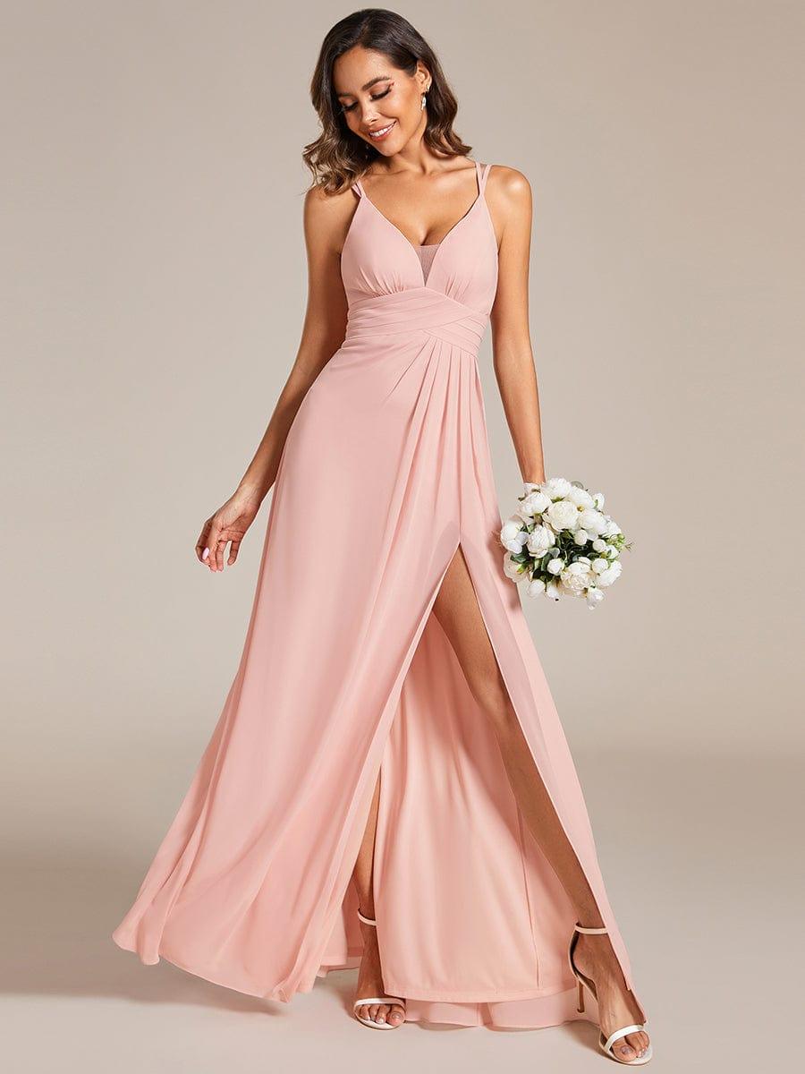Deep V-Neck High Front Slit Spaghetti Strap Back X-Cross Bridesmaid Dress