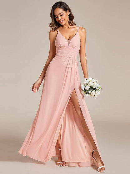 Deep V-Neck High Front Slit Spaghetti Strap Back X-Cross Bridesmaid Dress