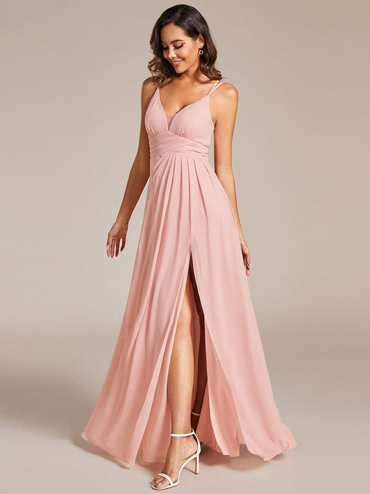 Deep V-Neck High Front Slit Spaghetti Strap Back X-Cross Bridesmaid Dress
