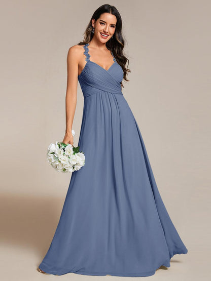 ever WREN|Floral Halter Neck Pleated Backless Bridesmaid Dress in Chiffon