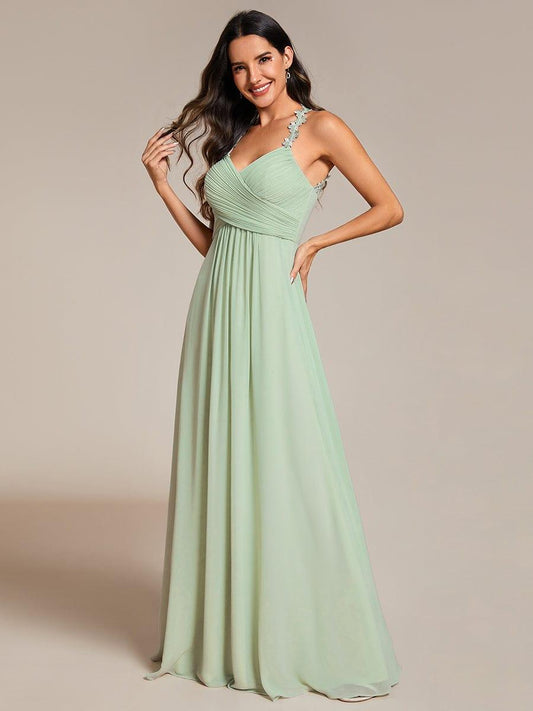 ever WREN|Floral Halter Neck Pleated Backless Bridesmaid Dress in Chiffon