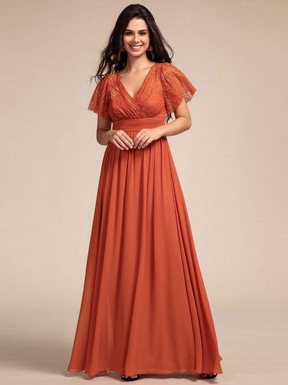 ever ROBYN|Flutter Sleeve Pleated Lace Bodice V-Neck Maxi Bridesmaid Dress