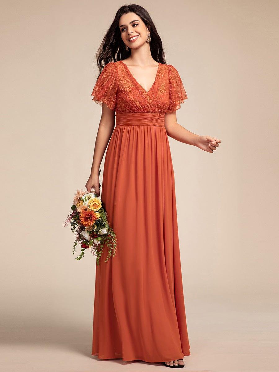 ever ROBYN|Flutter Sleeve Pleated Lace Bodice V-Neck Maxi Bridesmaid Dress
