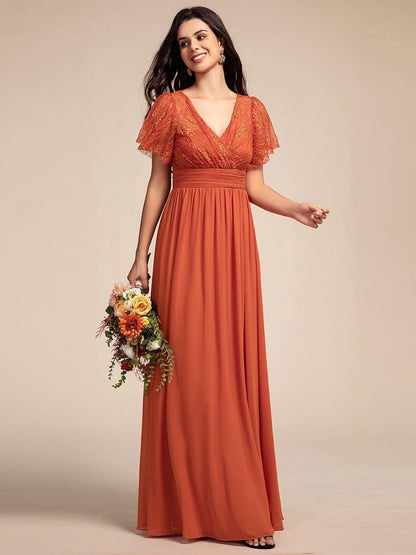 ever ROBYN|Flutter Sleeve Pleated Lace Bodice V-Neck Maxi Bridesmaid Dress