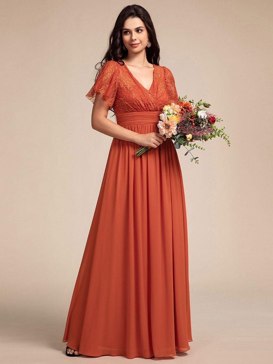 ever ROBYN|Flutter Sleeve Pleated Lace Bodice V-Neck Maxi Bridesmaid Dress