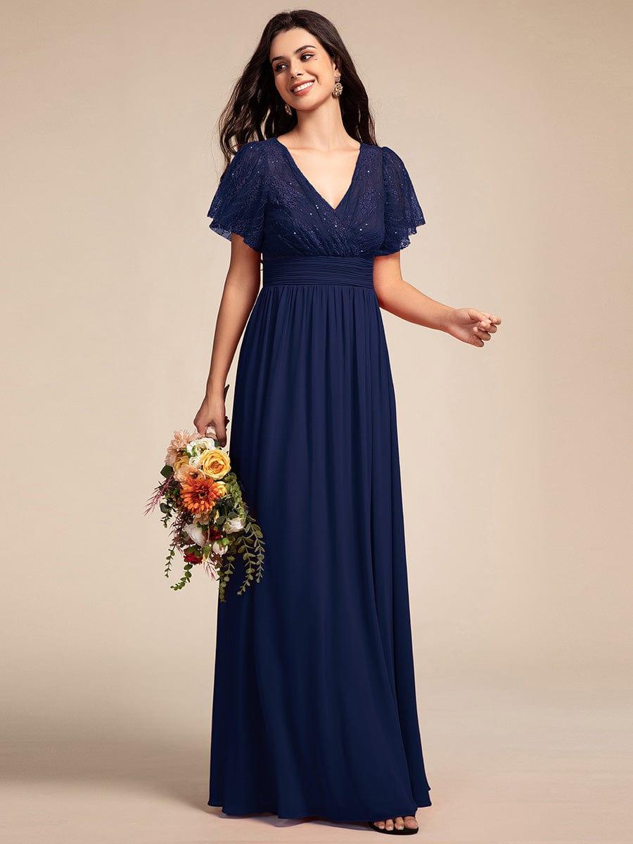 ever ROBYN|Flutter Sleeve Pleated Lace Bodice V-Neck Maxi Bridesmaid Dress