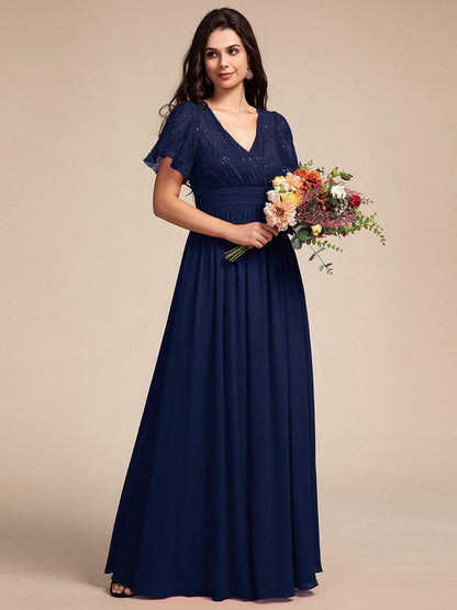 ever ROBYN|Flutter Sleeve Pleated Lace Bodice V-Neck Maxi Bridesmaid Dress