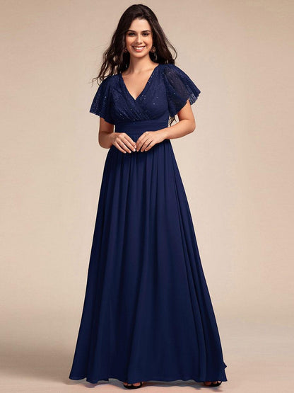 ever ROBYN|Flutter Sleeve Pleated Lace Bodice V-Neck Maxi Bridesmaid Dress
