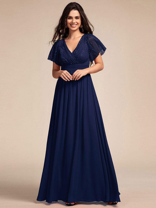 ever ROBYN|Flutter Sleeve Pleated Lace Bodice V-Neck Maxi Bridesmaid Dress