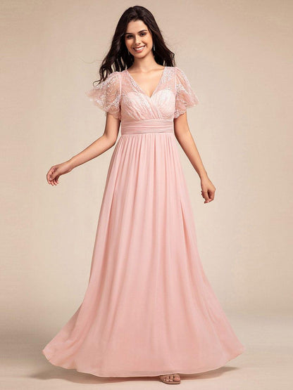ever ROBYN|Flutter Sleeve Pleated Lace Bodice V-Neck Maxi Bridesmaid Dress