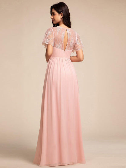 ever ROBYN|Flutter Sleeve Pleated Lace Bodice V-Neck Maxi Bridesmaid Dress