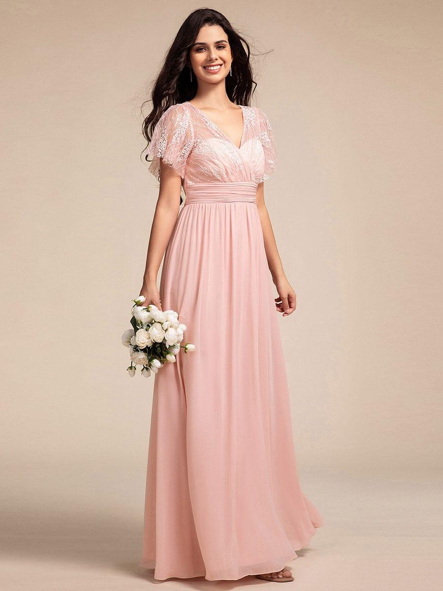 ever ROBYN|Flutter Sleeve Pleated Lace Bodice V-Neck Maxi Bridesmaid Dress