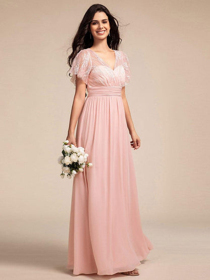 ever ROBYN|Flutter Sleeve Pleated Lace Bodice V-Neck Maxi Bridesmaid Dress