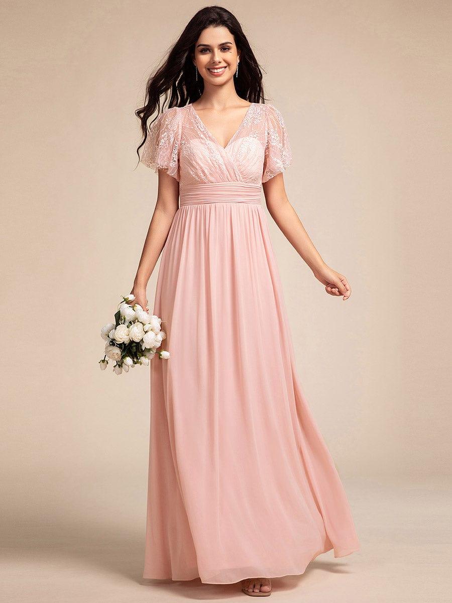ever ROBYN|Flutter Sleeve Pleated Lace Bodice V-Neck Maxi Bridesmaid Dress
