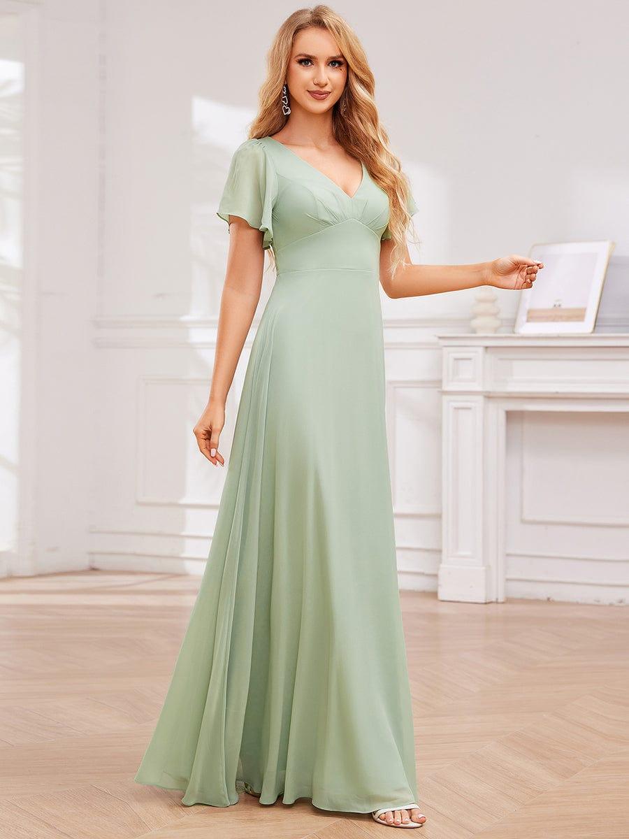 High-Waist Pleated V-Neck Bridesmaid Dress with Cross-Tie Back