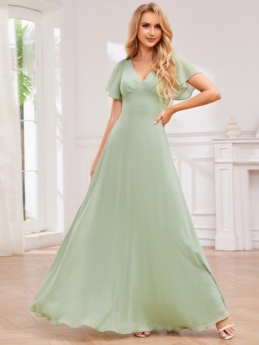 High-Waist Pleated V-Neck Bridesmaid Dress with Cross-Tie Back