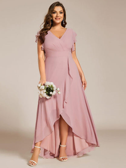 Celia | Elegant Ruffled Chiffon High-Low Bridesmaid Dress with Backless Design