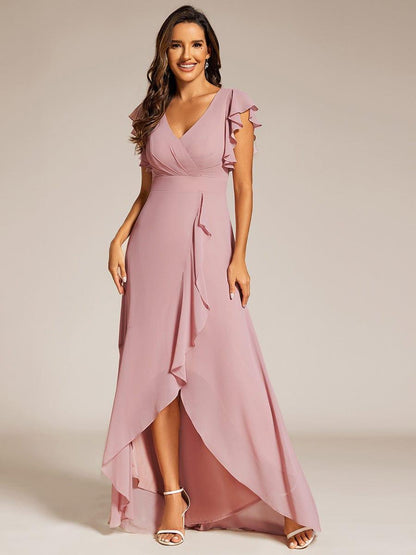 Celia | Elegant Ruffled Chiffon High-Low Bridesmaid Dress with Backless Design