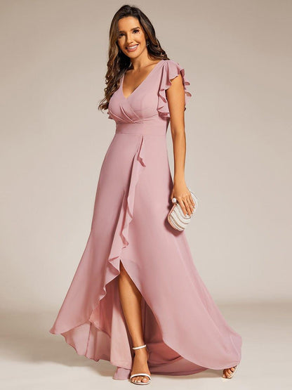 Celia | Elegant Ruffled Chiffon High-Low Bridesmaid Dress with Backless Design