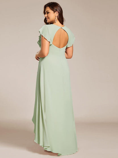 Celia | Plus Size A-Line Chiffon High-Low Bridesmaid Dress with Ruffled Sleeve