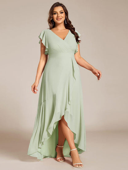 Celia | Plus Size A-Line Chiffon High-Low Bridesmaid Dress with Ruffled Sleeve
