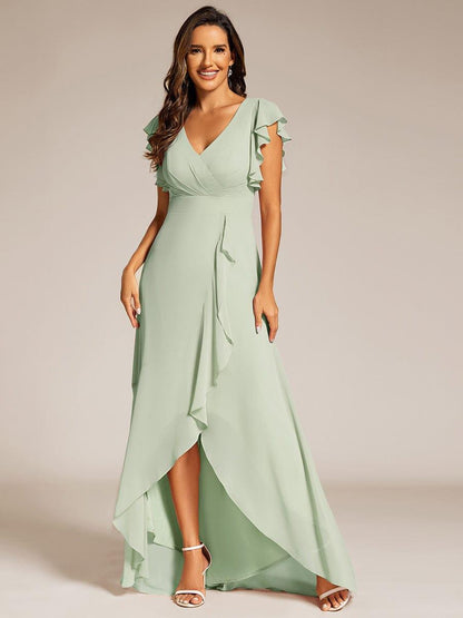 Celia | Elegant Ruffled Chiffon High-Low Bridesmaid Dress with Backless Design