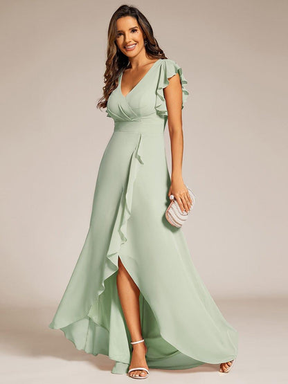 Celia | Elegant Ruffled Chiffon High-Low Bridesmaid Dress with Backless Design