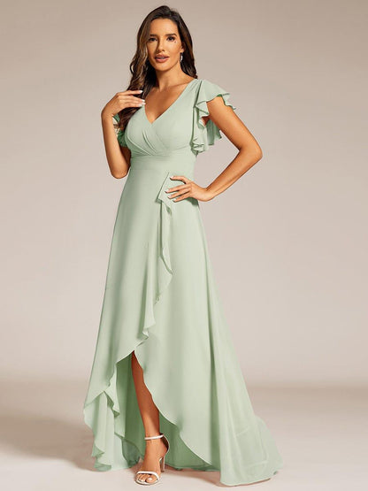 Celia | Elegant Ruffled Chiffon High-Low Bridesmaid Dress with Backless Design