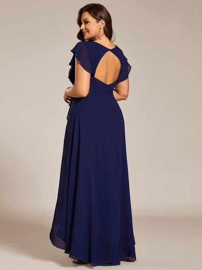 Celia | Plus Size A-Line Chiffon High-Low Bridesmaid Dress with Ruffled Sleeve